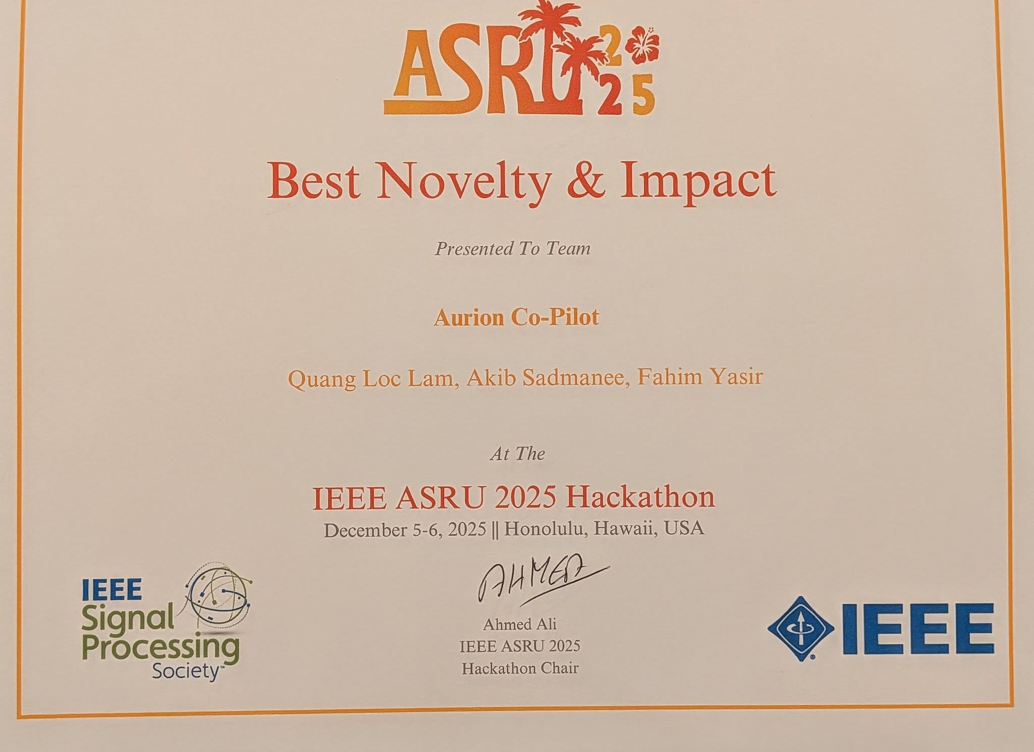 Aurion copilot winning certificate